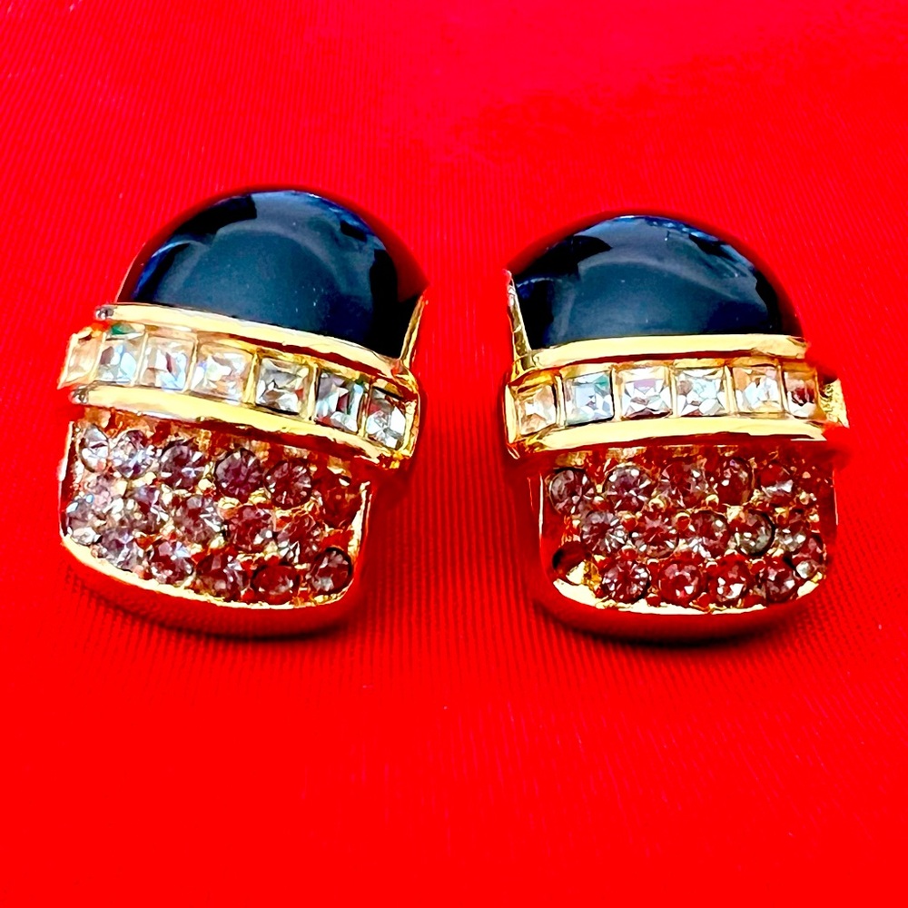 Chr. Dior Christian Dior Clip Earrings Pave’ Rhinestones Black Enamel Gold Tone